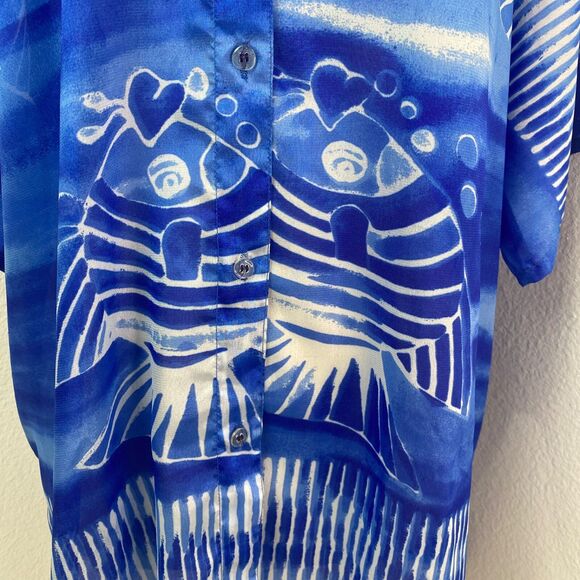 Blue Silky Oversize Semi-Sheer Tunic Blouse 2X Beach Coverup Lounge Boho Resort - Picture 5 of 11